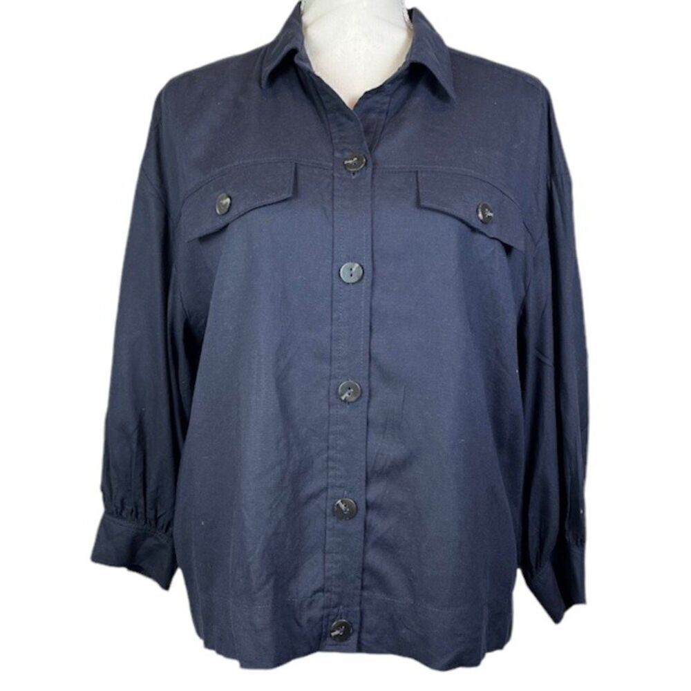 Jason Wu Linen Navy Button Front Collared 3/4 Sleeve Bomber Shacket Size Large